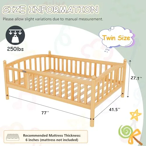 Twin Montessori Floor Bed Frame with High Rails and Door view 2