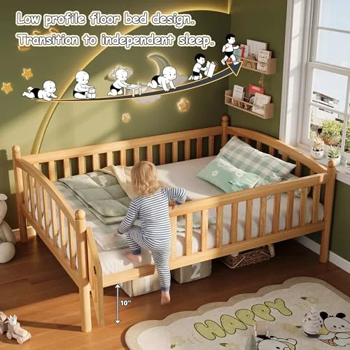 Twin Montessori Floor Bed Frame with High Rails and Door view 3