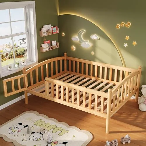 Twin Montessori Floor Bed Frame with High Rails and Door view 4