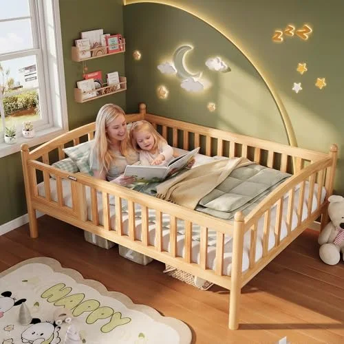 Twin Montessori Floor Bed Frame with High Rails and Door view 5