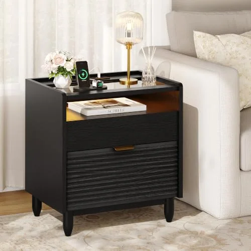 Black Fluted Nightstand w/Charging Station