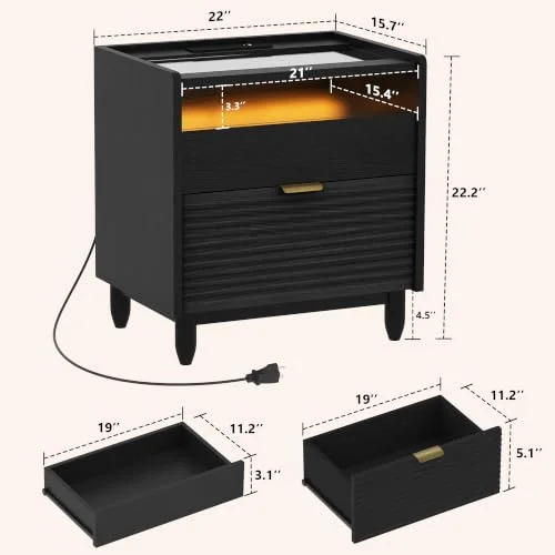 Black Fluted Nightstand w/Charging Station view 2