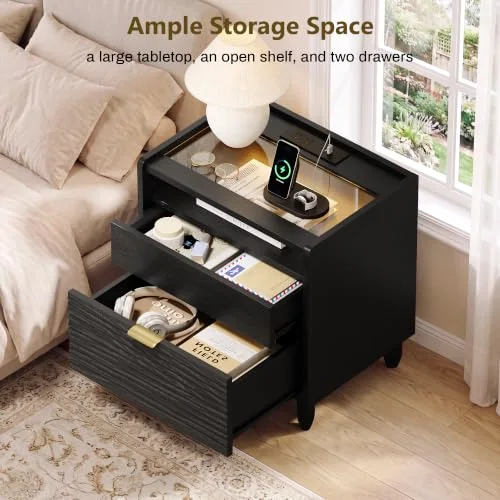 Black Fluted Nightstand w/Charging Station view 5