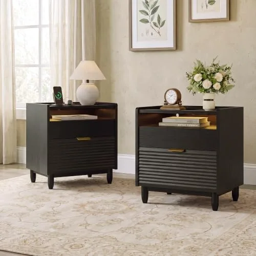 Black Fluted Nightstand Set of 2 w/Charging