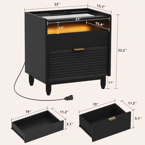 Black Fluted Nightstand Set of 2 w/Charging view 2