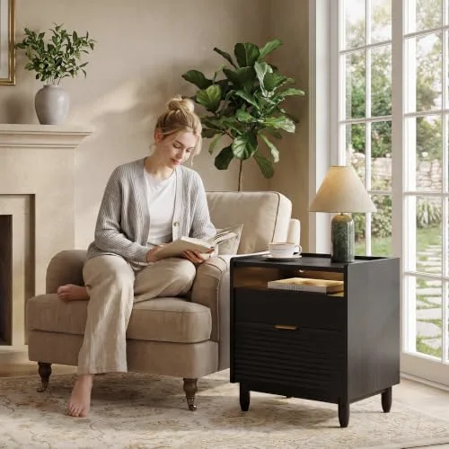 Black Fluted Nightstand Set of 2 w/Charging view 4