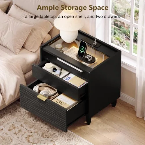 Black Fluted Nightstand Set of 2 w/Charging view 5
