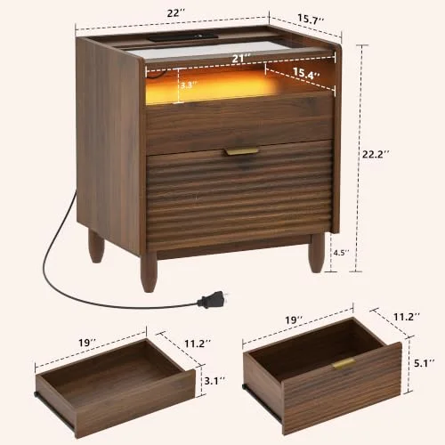 Walnut Fluted Nightstand Set of 2 w/Charging view 2
