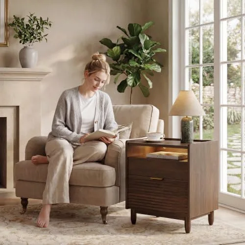 Walnut Fluted Nightstand Set of 2 w/Charging view 4