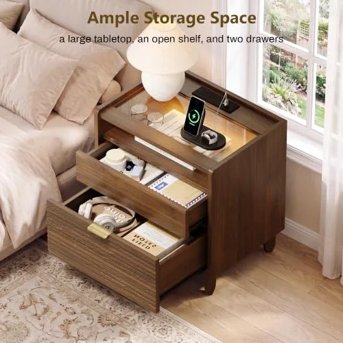Walnut Fluted Nightstand Set of 2 w/Charging view 5