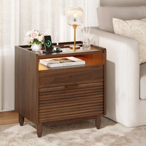 Walnut Fluted Nightstand w/Charging Station