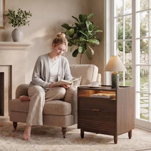 Walnut Fluted Nightstand w/Charging Station view 4