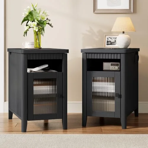 Narrow End Tables Set of 2 with Charging for Living Room